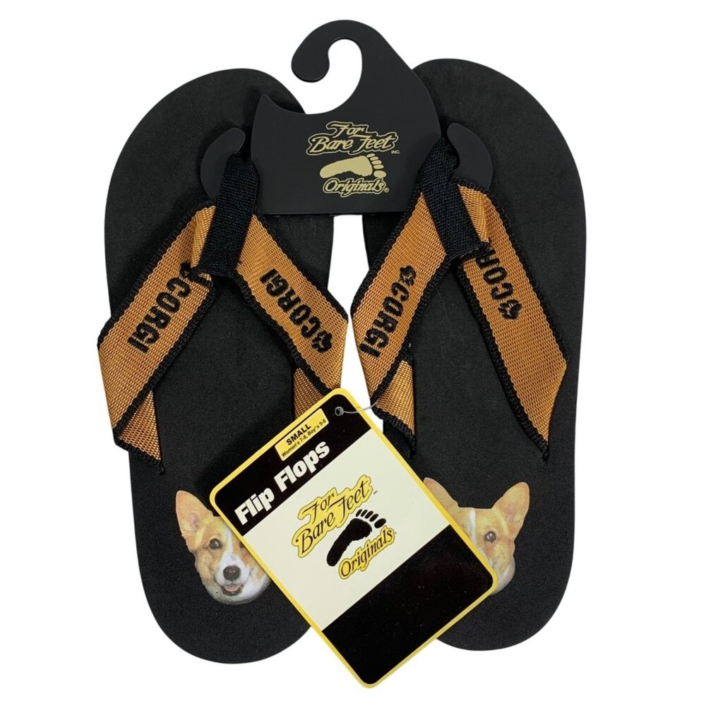 Corgi Print Flip Flops For Bare Feet Originals Black & Orange SZ S Womens 7-8